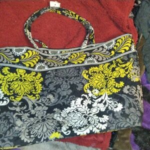 Vera Bradley Large Quilted Floral Tote Bag Black Yellow Gray Zip Closure